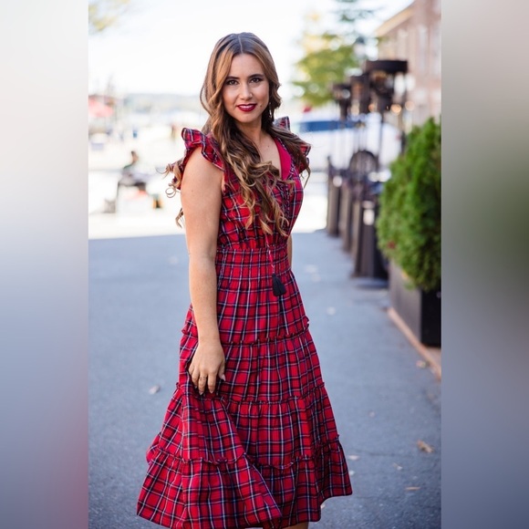 Sail to Sable - Noelle Flutter Sleeve Tiered Midi Dress - Red Tartan - Small - Picture 1 of 10